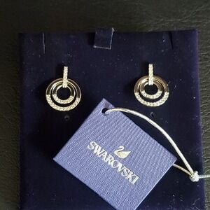 Swarovski Rhodium Plated Double Circle Pave Crystal Drop Earrings Rhodium Plated